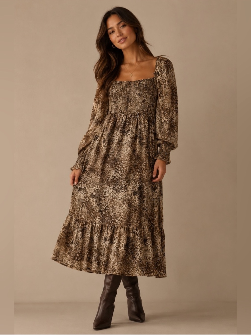 BETSEY JOHNSON Smocked Brown/Cream Animal‎ Print Slip On Dress Size Medium NWT